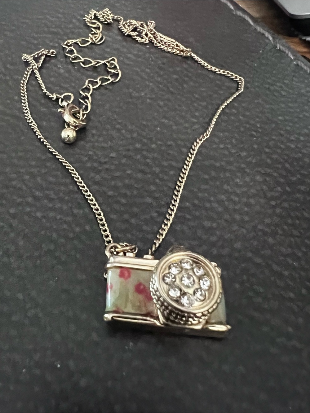 Camera Pendant Necklace with Rhinestones and Red Floral Accent - Picture 8 of 9